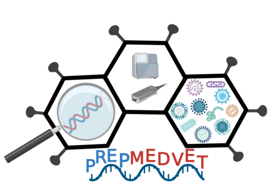 PrepMedVet Logo PrepMedVet Logo: zu sehen sind drei aneinandergereihte Sechsecke, die an den äußeren Ecken noch kleine Spiels haben. Im Inneren der Sechsecke sind DNA, unterschiedliche Bakterien, Viren etc., und Geräte zu sehen.