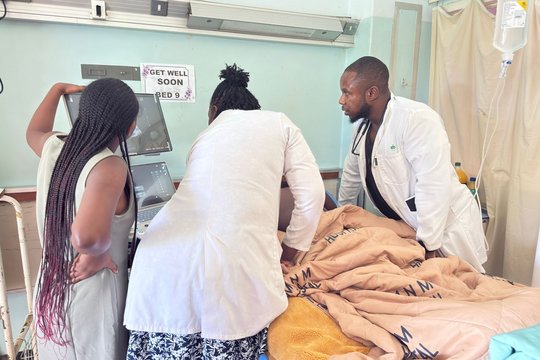 Hands-on practice on the ward The picture shows three docors around a patient's bed. They are looking at a screen.