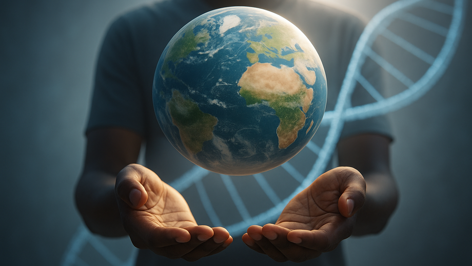 Vision Two open hands hold a floating Earth globe in front of a blurred torso with a large DNA double helix in the background