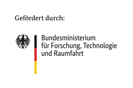 Logo BMBF Logo Bundesministerium für Bildung und Forschung: zu sehen ist der schwarze Bundesadler, daneben ist die deutsche Flagge in einem dünnen Strich angedeutet (schwarz, rot, gold). Auf der rechten Seite steht in schwarz der Schriftzug Bundesministerium für Bildung und Forschung.