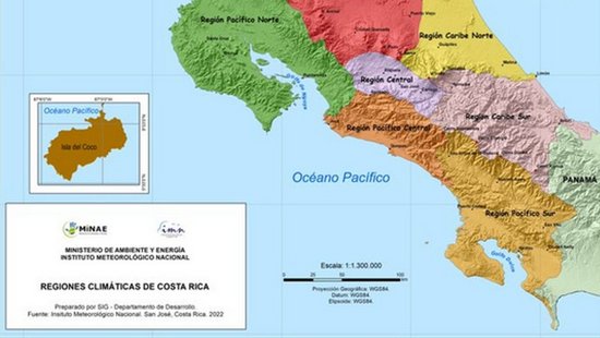 Climate zones in Costa Rica (seven climate zones, each represented by a different colour)