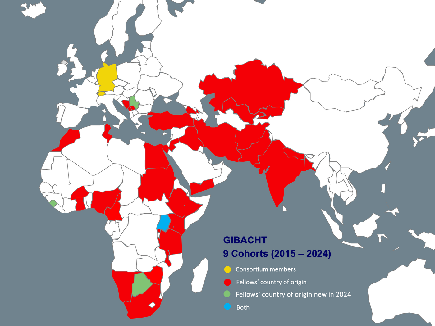 Grafik zeigt eine Weltkarte mit Europa, Afrika und Asien. Mitgliedsländer des GIBACHT-Konsortiums sind gelb markiert, die Herkunftsländer der GIBACHT-Teilnehmenden rot. Uganda ist blau markiert (sowohl Mitgliedsland als auch Herkunftsland von Teilnehmenden). 2024 neu hinzugekommene Teilnehmerländer sind grün markiert.