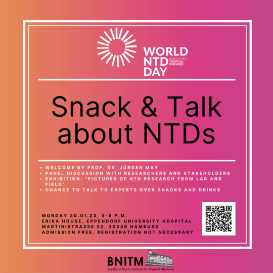 Invitation to Snack & Talk about NTDs The orange-pink tile invites you to the event "Snack & Talk about NTDs" on 30 January 2023 at 5 pm at the Erika Haus of the University Medical Center Hamburg-Eppendorf.