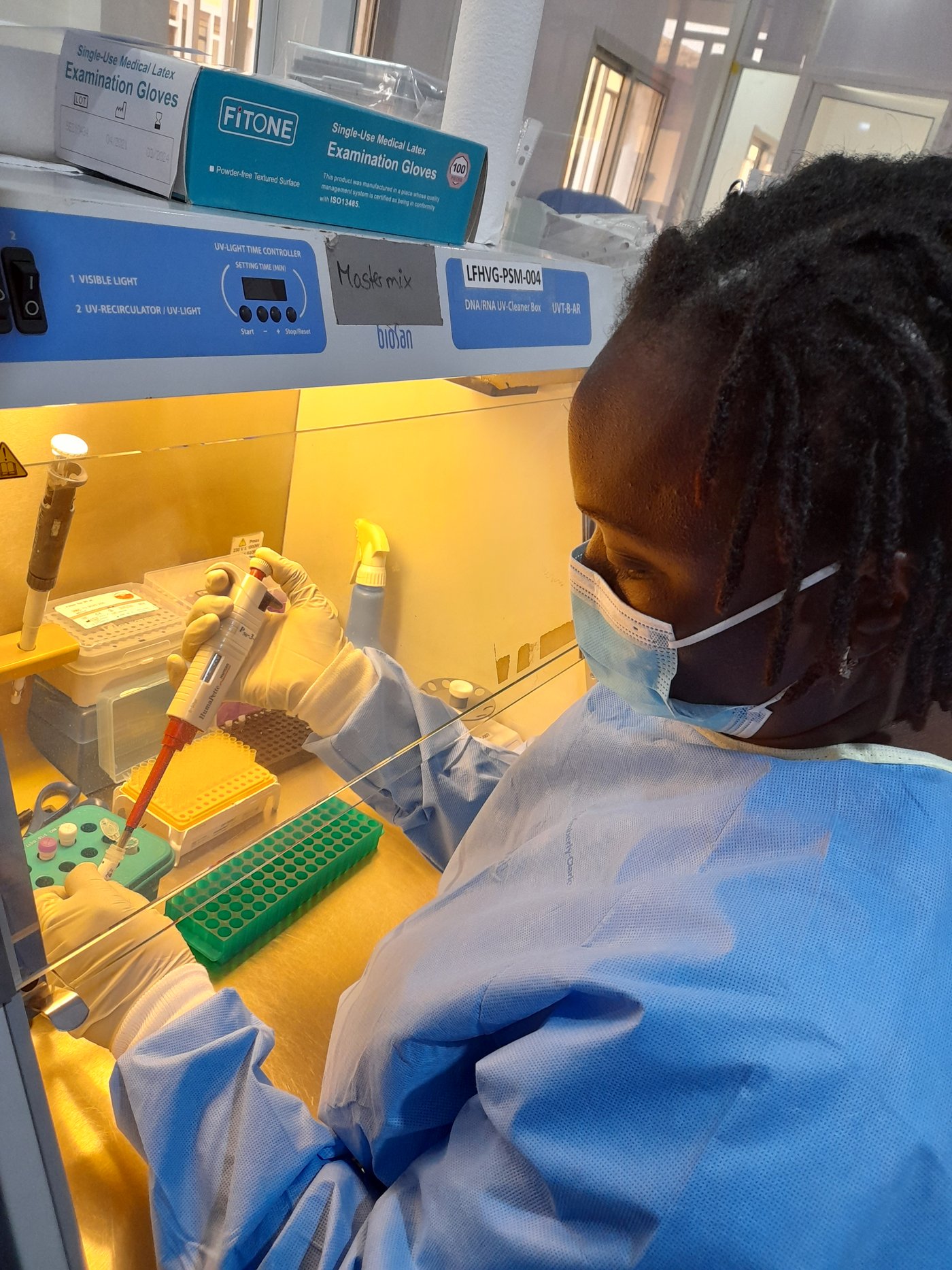 one laboratory staff pipetting from a tube under a cabinet wearing bright blue PPE.