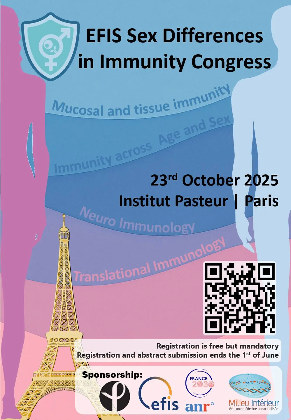 Poster of the EFIS Sex Differences in Immunity Congress This image shows the official poster for the Sex Difference in Immunity Congress in Paris. The poster is designed in shades of blue and pink. The Eiffel Tower is also depicted in gold.