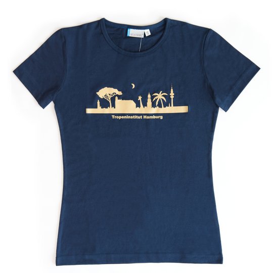 Motiv "Skyline Hamburg", Farbe: blau - Design: Barbara Ferrando Zu sehen ist ein blaues T-Shirt mit Aufdruck