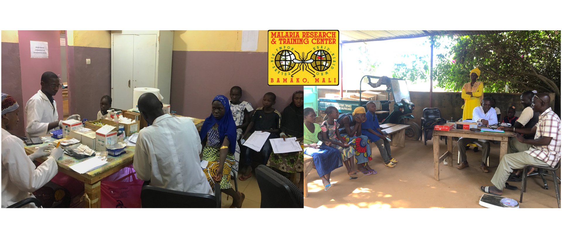 Malian scientists conducting routine clinical procedures during cross-sectional visits in Kalifabougou, Mali.