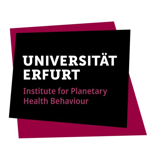Logo Universität Erfurt Institut für Institute for Planetary Health Behaviour (IPB) Das Logo der Universität Erfurt: ein schwarzes Trapez setzt sich von einem magenta farbenden Trapez ab. Auf dem schwarzen Trapez ist der Schriftzug Universität Erfurt zu lesen, darunter in magenta Institute for Planetary Health Behaviour.