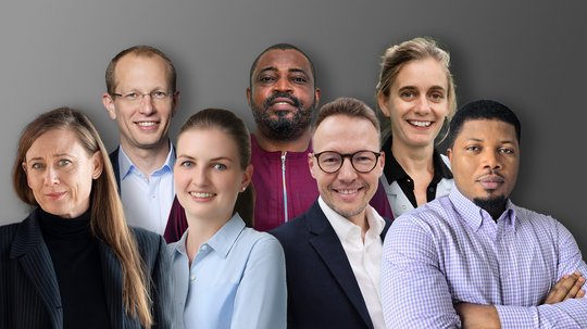 Autoren der Publikation Auf der Fotocollage sind sieben Personen zu sehen, vier in einer vorderen Reihe, drei in einer hinteren.
