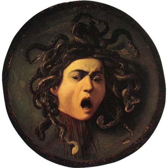 Medusa (c. 1597) by Caravaggio The picture shows the artwork by Caravaggio, which depicts the head of a woman (Medusa) who has snakes for hair. Her mouth is open in a scream.