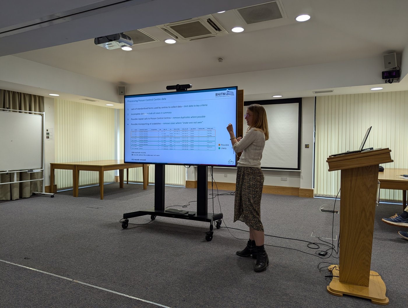 The picture shows a woman standing next to a presentation projected onto a television in a conference room. She is slightly inclined towards the presentation and points to it with one hand.