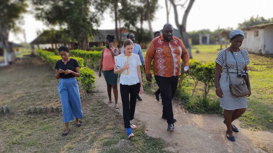 Group making a tour on the premises of the Ankaful General/Leprosy Hospital