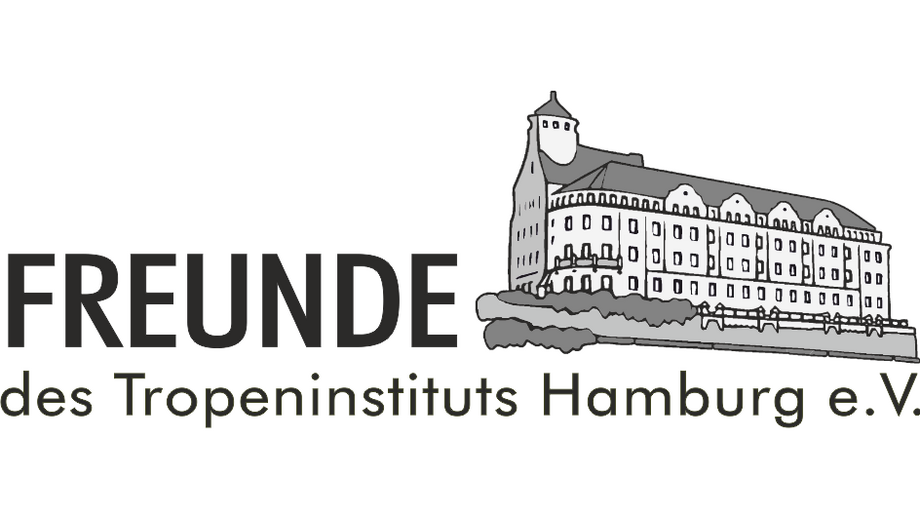 Schwarz-weißes Logo der VfD: Rechts das Gebäudes des BNITM, drumherum der Schriftzug "Freunde des Tropeninstituts Hamburg e.V."