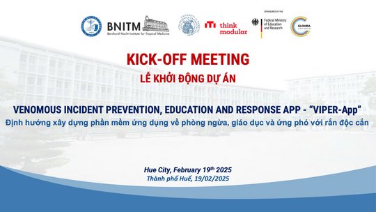 Kick-off meeting slide of the VIPER-App project The picture shows a slide of a kick-off meeting of a project called "VIPER-App". The logos of the Hue University of Medicine and Pharmacy, the Bernhard Nocht Institute for Tropical Medicine, the Bamberg university, Think Modular are shown. Further, the sponsors' logos, the Federal Ministry of Education and Research and the German Alliance for Global Health Research (GLOHRA) are shown.