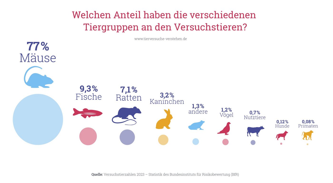 Eine Übersicht, in der die verschiedenen Tiergruppen (Mäuse, Ratten, Fische, Kaninchen, Vögel, Andere, Nutztiere, Hunde und Primaten) in absteigender Häufigkeit dargestellt sind