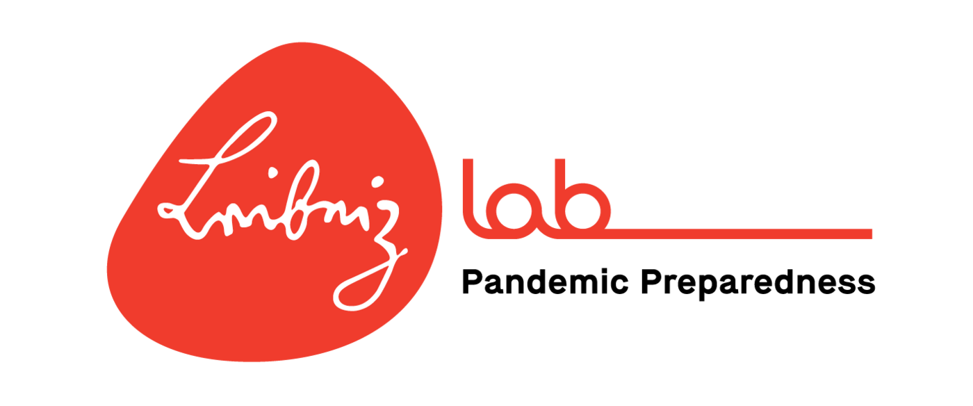 The logo of the Leibniz Lab Pandemic Preparedness: Leibniz's historic signature in white on an orange oval, to the right of it the word "lab" in orange on white, and below that in black on white "Pandemic Preparedness".