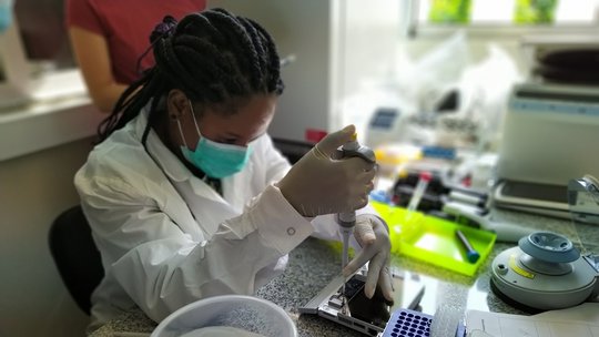 Strengthening laboratory and diagnostic capacities Eine Wissenschaftlerin übt konzentriert ein labordiagnostisches Verfahren an einem Arbeitstisch. Um sie herum sind diverses Equipment für die Labordiagnostik und Dokumente verteilt.