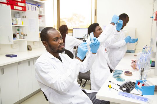 In the laboratory The picture shows three African researchers and one African woman researcher in white coats and light blue gloves working in the laboratory.