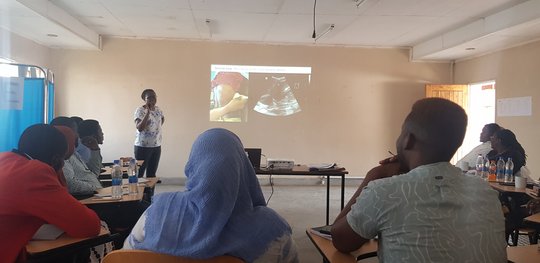 The picture shows a lecturer giving a lecture on ultrasound at the POCUS beginners' course in August 2023. The picture shows a lecturer holding a presentation on ultrasound.