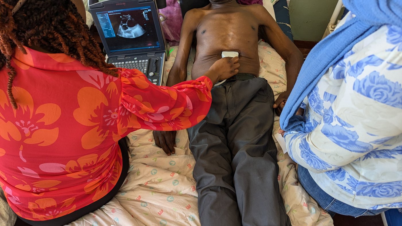 The image shows a hospital room. There are two women, one standing, one sitting at a patient's bedside. The woman who is sitting is examing the man on the bed with an ultrasound machine.