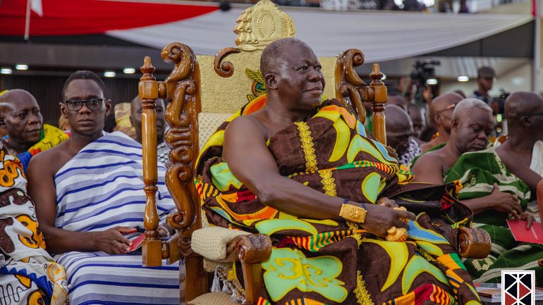 The King, Asantehene Otumfuo Osei Tutu II The photo shows the King, Asantehene Otumfuo Osei Tutu II, in the front row of the university's packed Great Hall.