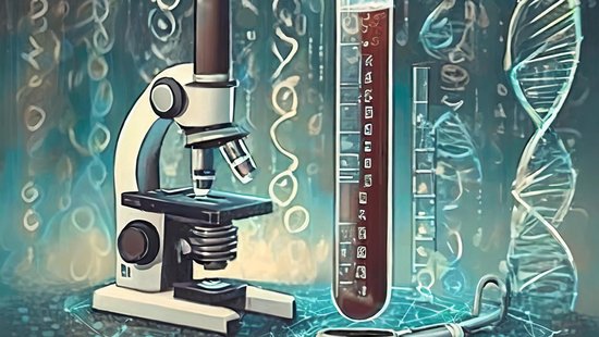 AI in biology and medicine Greenish graphic visualising the topic ‘AI in biology and medicine’. On the left a black and white microscope, on the right a test tube filled with red liquid and in the front right and in the background DNA strands as well as binary codes with ones and zeros.