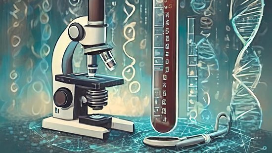 KI in Biologie und Medizin Grünliche Grafik, die das Thema "KI in Biologie und Medizin" visualisiert. Links ein schwarz-weißes Mikroskop, rechts ein rötlich gefülltes Reagenzglas und vorne rechts und im Hintergrund DNA-Stränge sowie Binärcodes mit Einsen und Nullen.
