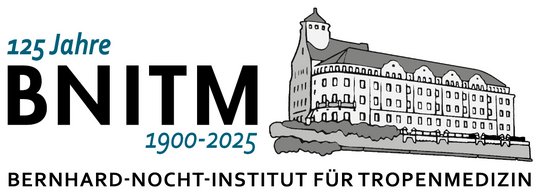 Logo des BNITM Jubiläumslogo des BNITM mit petrolfarbenen und schwarzen Schriftzügen und der schwarzen Silhouette des Altbaus.