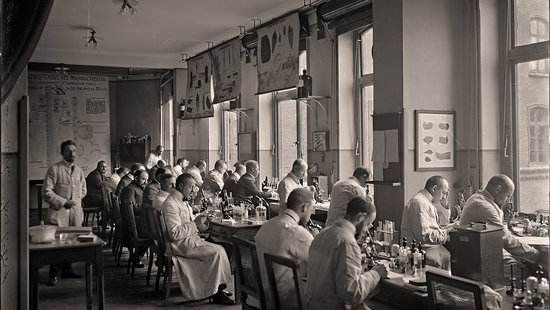 Schwarz-Weiß-Foto: Praktischer Ärztekursus um 1910. Mehrere Männer in Kitteln arbeiten an Labortischen.