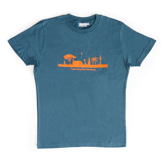 Motiv "Skyline Hamburg", Farbe: türkis - Design: Barbara Ferrando Zu sehen ist ein türkises T-Shirt mit Aufdruck