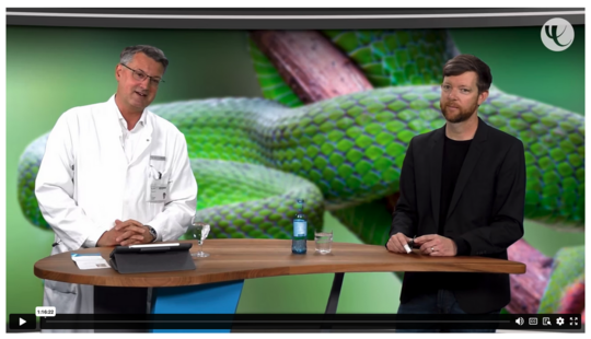 Cover image of the "Infectiology News 2024" webcast on snakebite envenoming. The picture shows to men standing at a desk and looking into the camera, in the background a big green snake is depicted.