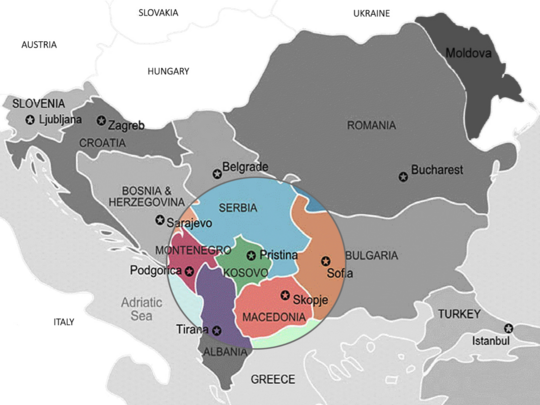 Map with highlighting of the Western Balkans. A map of Southern Europe, with the Western Balkans highlighted in colour. The other countries are shown in grey.