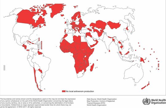 Countries with no local antivenom production The image shows a white world map with country outlines. Some countries are coloured in red, these countries have no local antivenom production. Most of these countries are located on the African continent, but also in Europe, Middle-East, Asia and Central America.