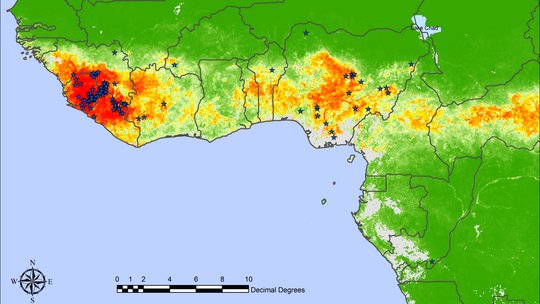 Lassa fever risk map (Fichet-Calvet and Rogers 2009). Map of West Central Africa showing with colorful points the risk areas