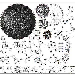 Proteinkomplexe finden sich zu Clustern zusammen. Schwarz-weiße Grafik: Proteinkomplexe finden sich zu Clustern zusammen.