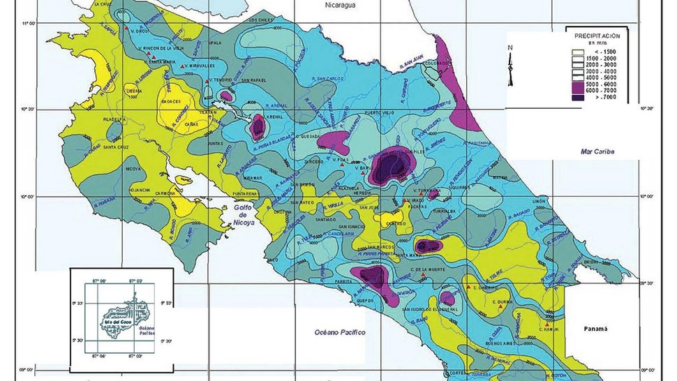 Bunte Grafik mit der Karte von Costa Rica und den unterschiedlichen Klimazonen