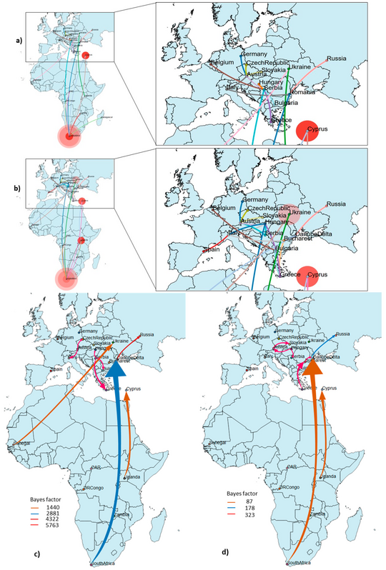 Spatial and temporal dynamics of the WNV lineage 2. Zu sehen sind unterschiedliche Ausschnitte und Übersichten von Afrika und Europa. Gezeigt sind die Auswirkung unterschiedlicher Virusausbrüche global.