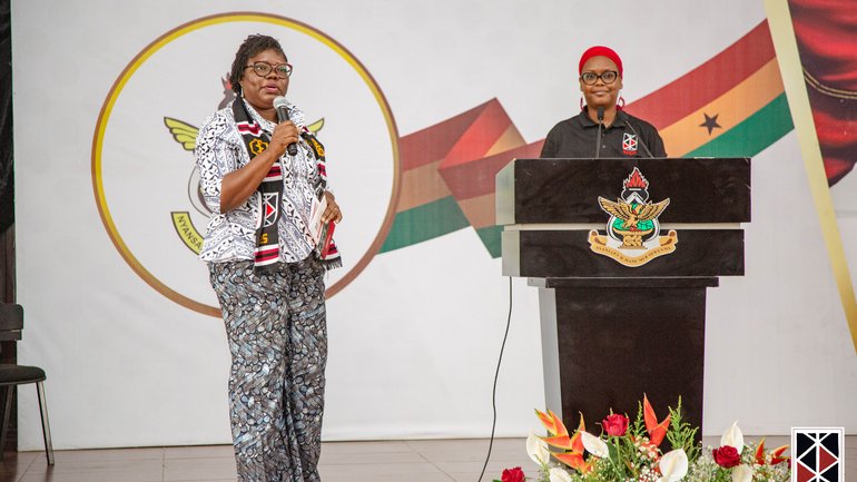 Dr Lydia Mosi, left, and Dr Oumou Maiga-Ascofare, right The photo shows Dr Lydia Mosi, University of Ghana, and Dr Oumou Maiga-Ascofare, KCCR, on stage next to and behind the lectern respectively.