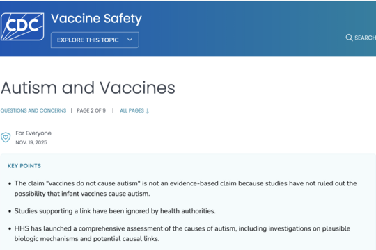 Screenshot der offiziellen Kommunikation der CDC zu Impfungen und Autismus
