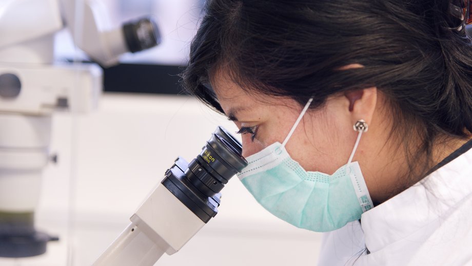 Understand Infections A scientist wearing a face mask at a microscope