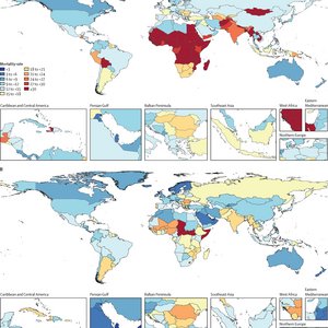 The colourful world map shows the death rates attributable to AMR per 100 000, all age groups, in 2021.