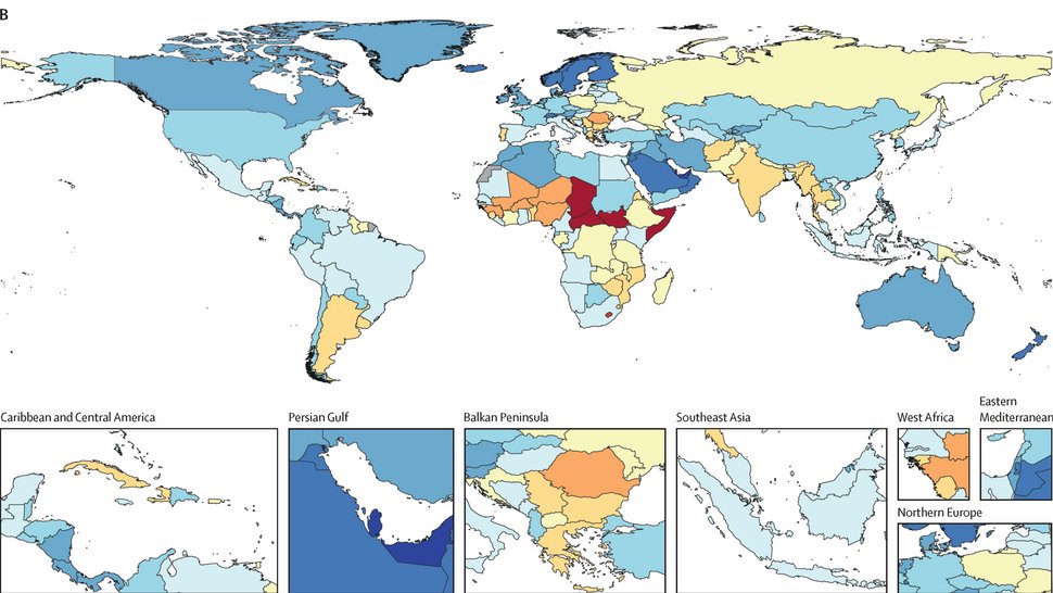 Auf AMR zurückzuführende Todesraten pro 100.000, alle Altersgruppen, im Jahr 2021 Die bunte Weltkarte zeigt die auf AMR zurückzuführenden Todesraten pro 100.000, alle Altersgruppen, im Jahr 2021.