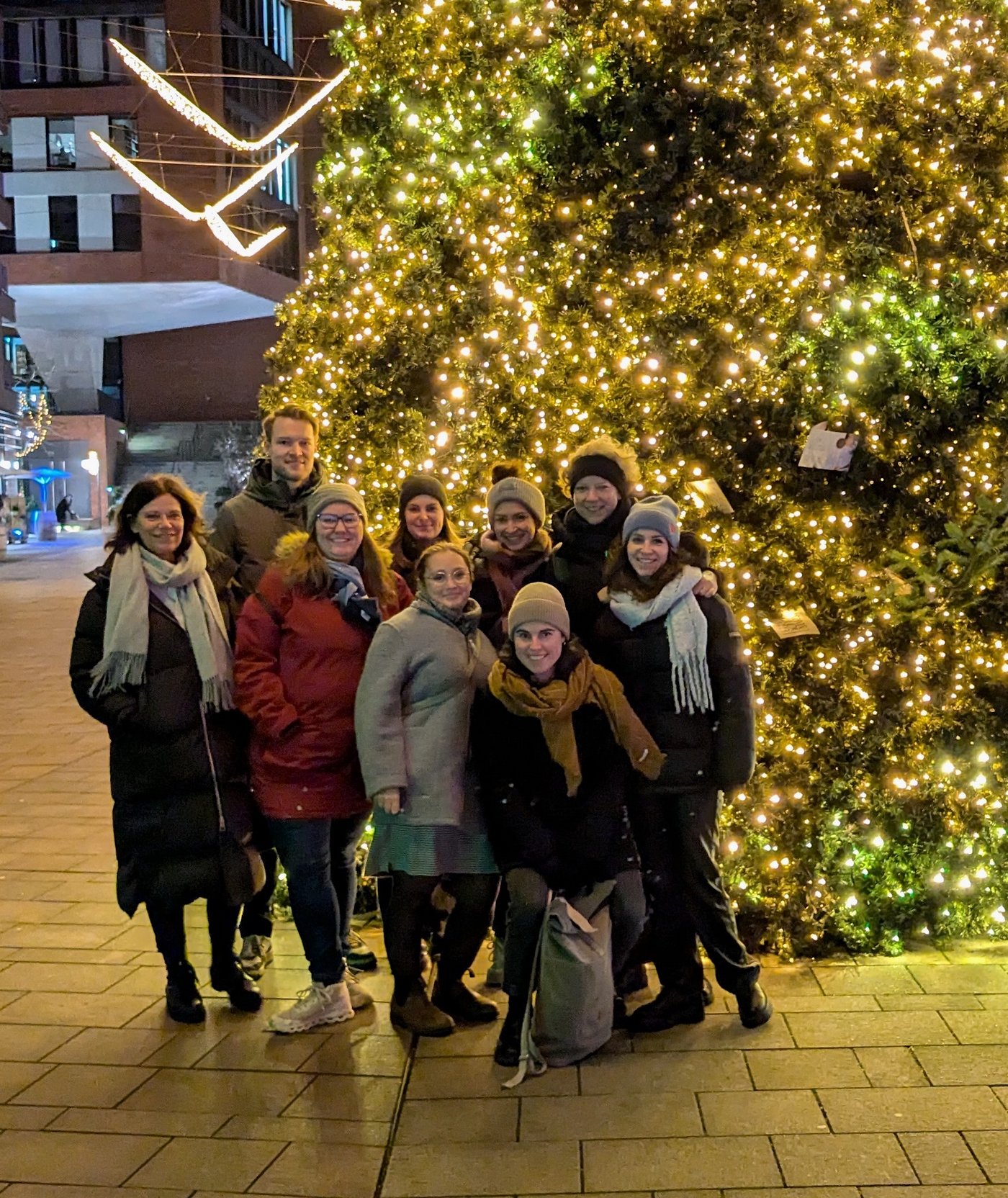 Colleagues from the Lotter research group stand in front of a large Christmas tree with lots of lights in the pedestrian zone of Hamburg's Hafencity