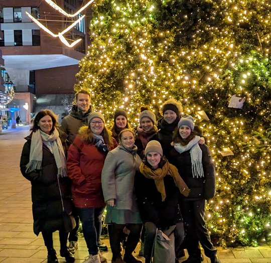 Christmas picture RG Lotter Colleagues from the Lotter research group stand in front of a large Christmas tree with lots of lights in the pedestrian zone of Hamburg's Hafencity