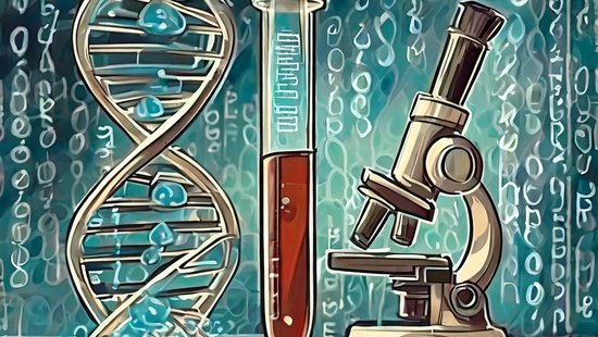 AI in biology and medicine Greenish graphic visualising the topic of ‘AI in biology and medicine’: A black and grey microscope on the front right, a reddish test tube in the middle, a DNA strand on the front left and binary codes with ones and zeros in the background
