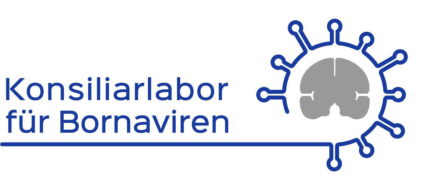 Logo Konsiliarlabor Bornaviren Logo Konsiliarlabor Bornaviren: Im linken Teil des Logos steht in blauer Schrift Konsiliarlabor, in einer zweiten Reihe für Bornaviren. Darunter eine blaue Linie, aus der sich im rechten Teil des Bildes eine Virushülle um die schematische graue Darstellung eines Gehirnes legt.