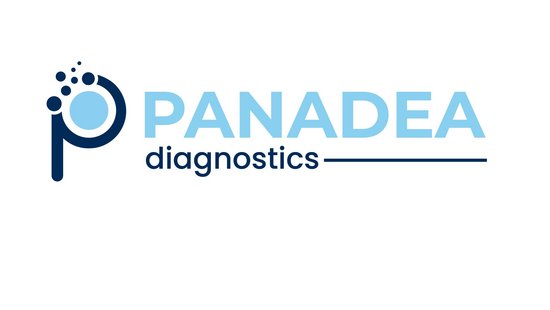 The Panadea Diagnostics logo is a light and dark blue colour scheme on a white background. The circle of the P contains several small dark blue bubbles in the upper left corner, symbolising laboratory activities.