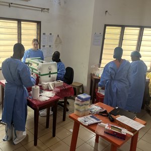 Laborausbildung zur Diagnose von viralen hämorrhagischen Fieberviren am CIPEC-BA in Parakou, Benin Foto mehrerer internationaler Wissenschaftler:innen in einem Raum mit Lamellenfenstern. Zwei Kollegen arbeiten an der Glove box.