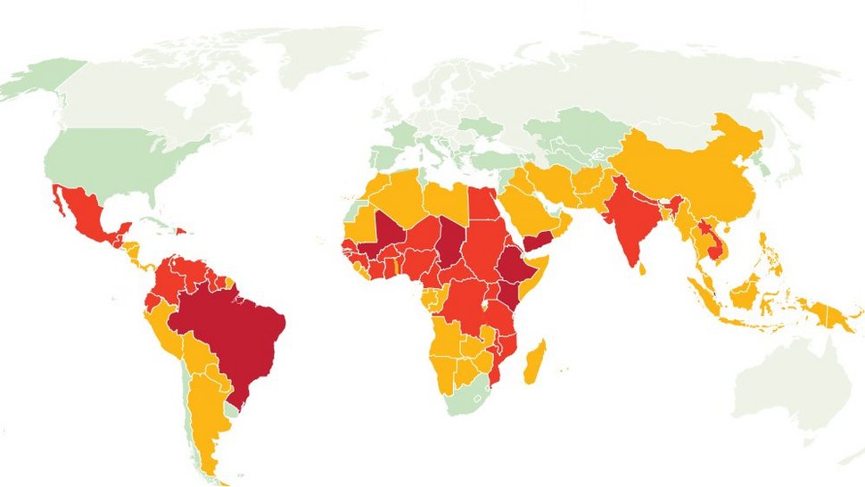 Das Bild zeigt die Weltkarte. Besonders betroffene Gebiete in Äquatornähe sind dunkelrot und rot, Indien und Nordafrika beige und die USA und große Teile Europas hellgrün: nicht betroffen also.