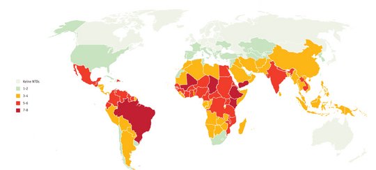 Verbreitung der NTDs in der Welt Das Bild zeigt die Weltkarte. Besonders betroffene Gebiete in Äquatornähe sind dunkelrot und rot, Indien und Nordafrika beige und die USA und große Teile Europas hellgrün: wenig betroffen also.